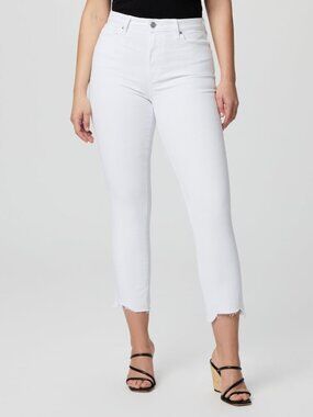 PAIGE ACCENT Ultra High Rise Straight Jeans Crisp White W/ Destroyed Hem 34 MINT